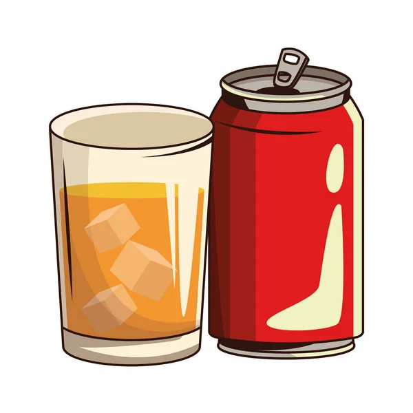 Стекло с напитком и банкой соды — стоковый вектор
