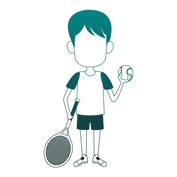 Menino com bola de tênis e raquete linhas azuis — Vetor de Stock