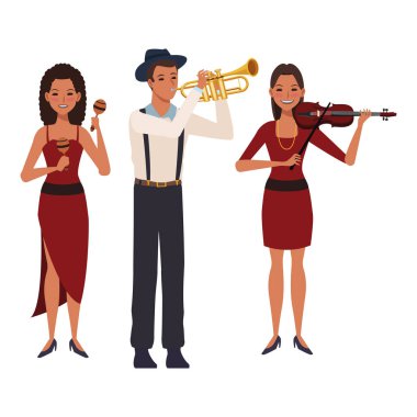 trompet keman ve maracas çalan müzisyen