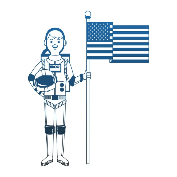 Astronaut with USA flag cartoon blue lines — Stock Vector