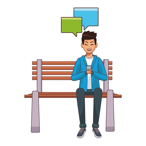 Muž s smartphone na lavičce — Stockový vektor