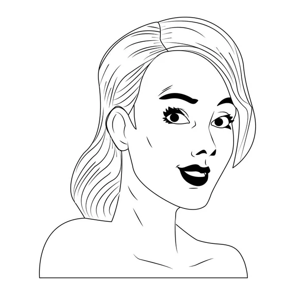 Caricatura de arte pop de cara de mujer en blanco y negro — Vector de stock