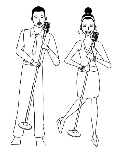 Chanteurs avec microphone noir et blanc — Image vectorielle