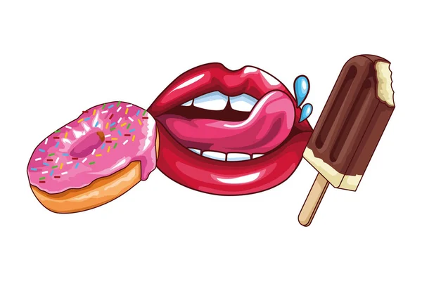 Hielo lolly donut y sexy labios — Vector de stock