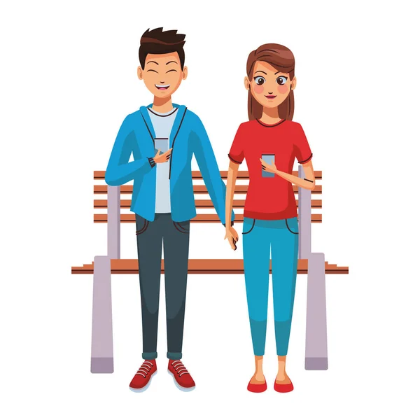 Couple using smartphones on bench — Stock Vector