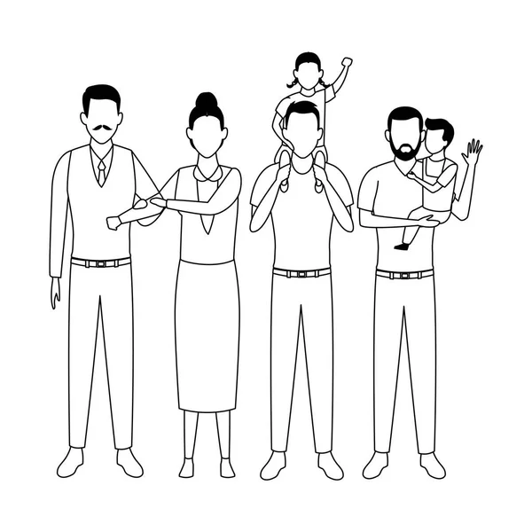 Famille avatar personnage de dessin animé noir et blanc — Image vectorielle