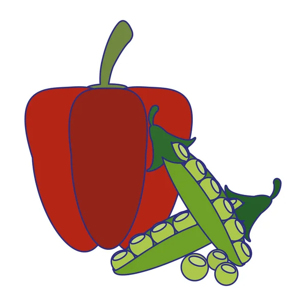 Paprika und Erbsen Gemüse blaue Linien — Stockvektor