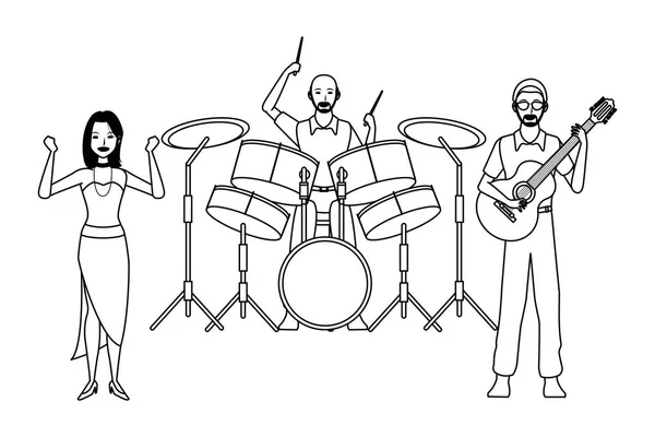 Músico tocando la batería guitarra y bailando blanco y negro — Vector de stock