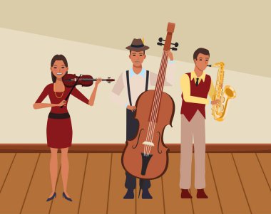 saksafon bas ve keman çalan müzisyen