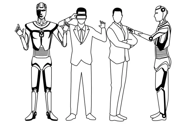 Humanoid Robot och affärsmän svart och vitt — Stock vektor