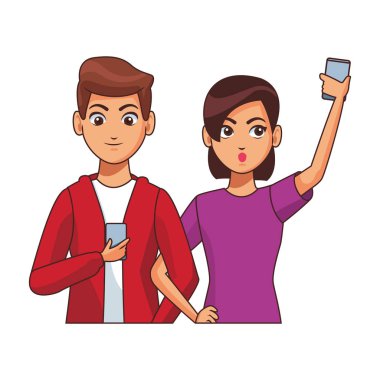 Erkek mesajlaşma ve kadın akıllı telefon ile selfie çekme