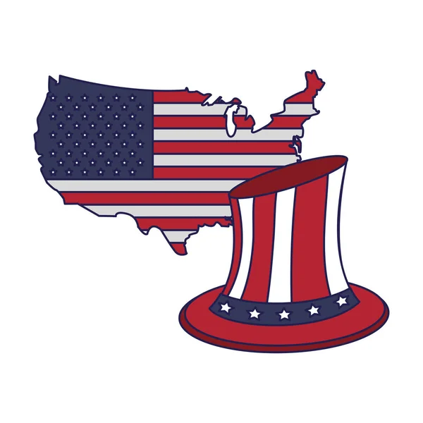 Verenigde Staten kaart overzicht met hoed patriottische blauwe lijnen — Stockvector