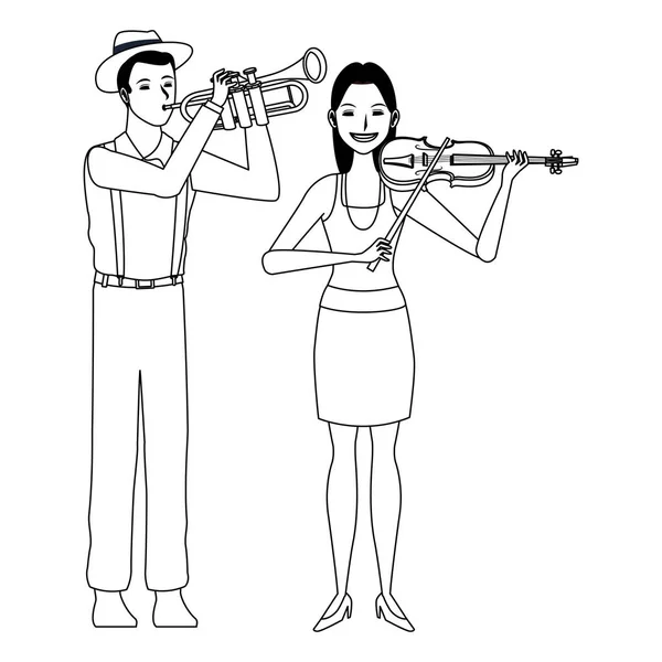 Musicien jouant de la trompette et du violon noir et blanc — Image vectorielle