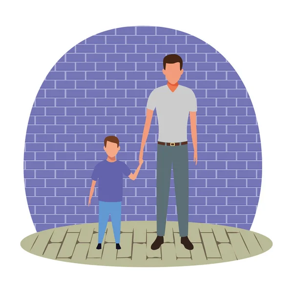 Hombre cogido de la mano de un niño — Vector de stock