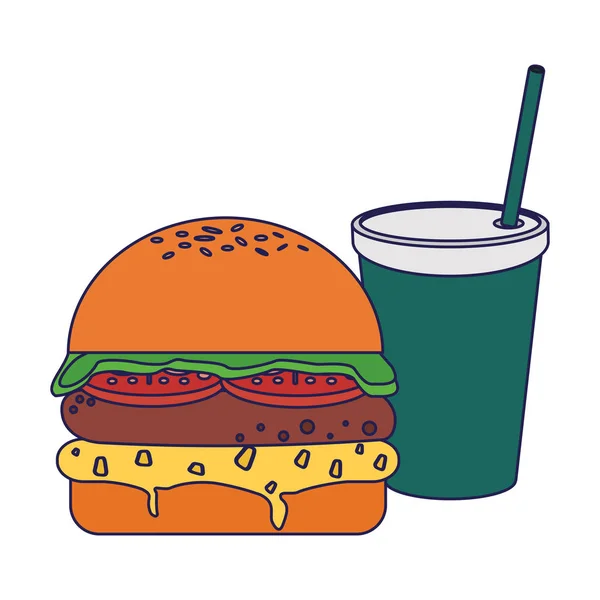 Hambúrguer fast food e xícara de refrigerante linhas azuis —  Vetores de Stock