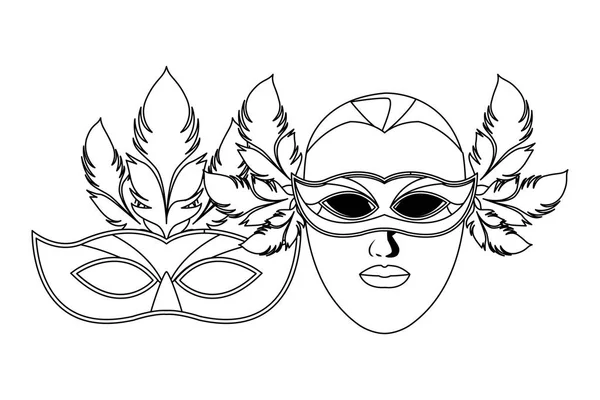 Masks and feathers black and white — Stock Vector