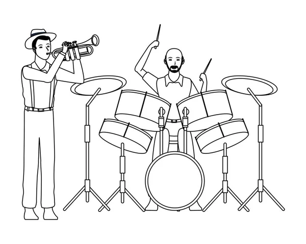 Musicus spelen trompet en drums zwart-wit — Stockvector