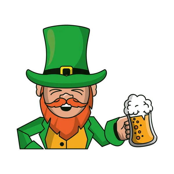 Elfo irlandese in possesso di tazza di birra cartone animato — Vettoriale Stock