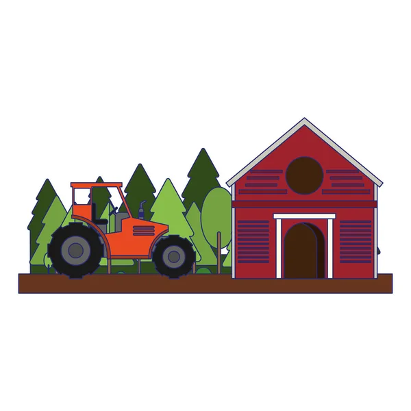 Grange de ferme et tracteur dans la nature lignes bleues — Image vectorielle