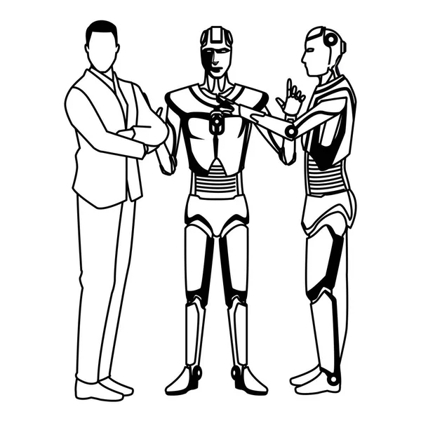 Ανθρωποειδές ρομπότ και επιχειρηματίας μαύρο και άσπρο — Διανυσματικό Αρχείο