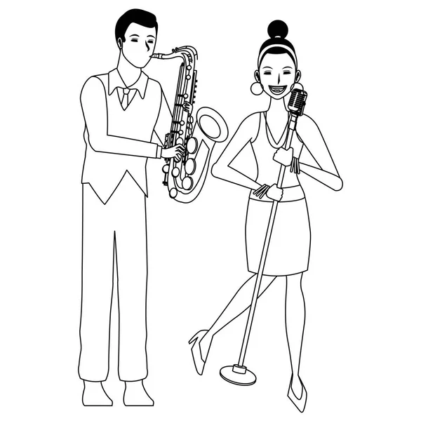 Músico tocando saxofón y cantando en blanco y negro — Vector de stock