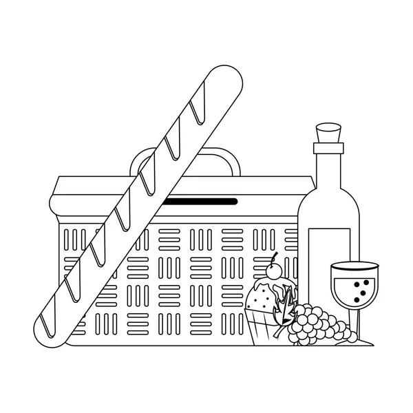 Picnic basket with products in black and white — Stock Vector