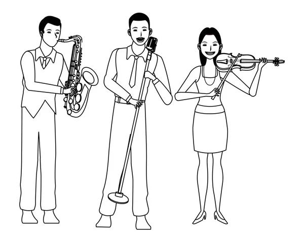 Músico tocando saxofón violín y cantando en blanco y negro — Vector de stock