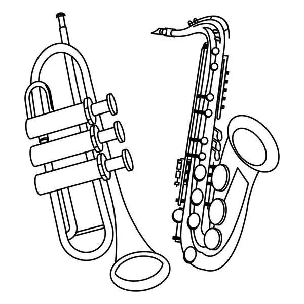 Saxofón y trompeta blanco y negro — Vector de stock