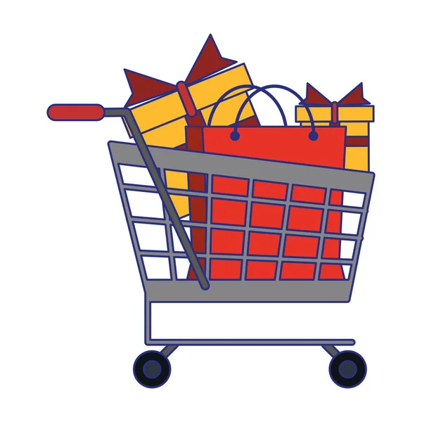 Shopping bag e regali in linee blu carrello — Vettoriale Stock