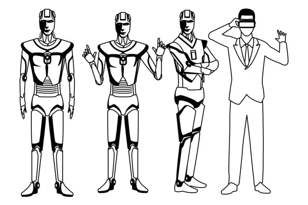 Humanoid Robot och affärsman svart och vitt — Stock vektor