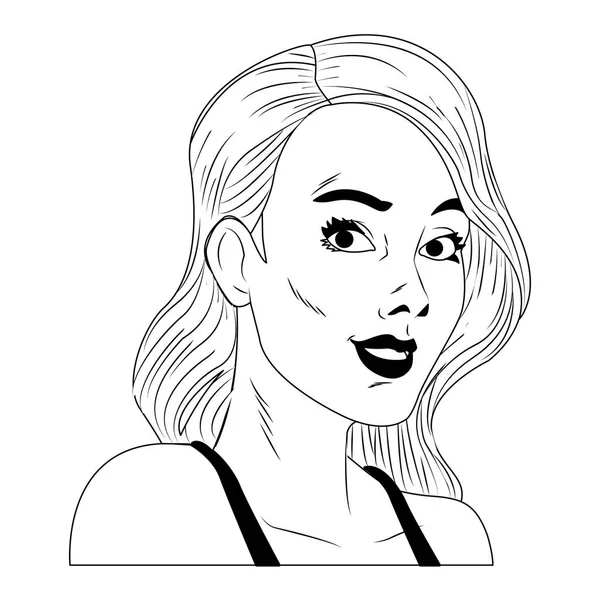 Dibujos animados pop art de perfil de mujer en blanco y negro — Vector de stock