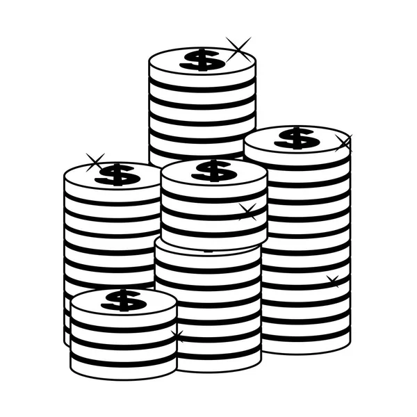 Coins stacked isolated in black and white — Stock Vector