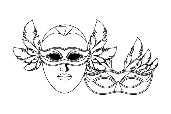 Masques et plumes noir et blanc — Image vectorielle