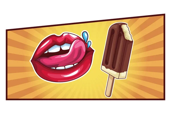 Ice lolly and sexy lips pop art — стоковый вектор