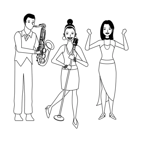 Muzyk grający śpiew saksofon i taniec czarno-biały — Wektor stockowy