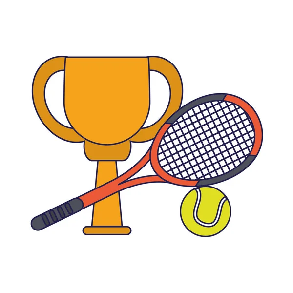 Coupe trophée de tennis avec raquette et lignes bleues balle — Image vectorielle