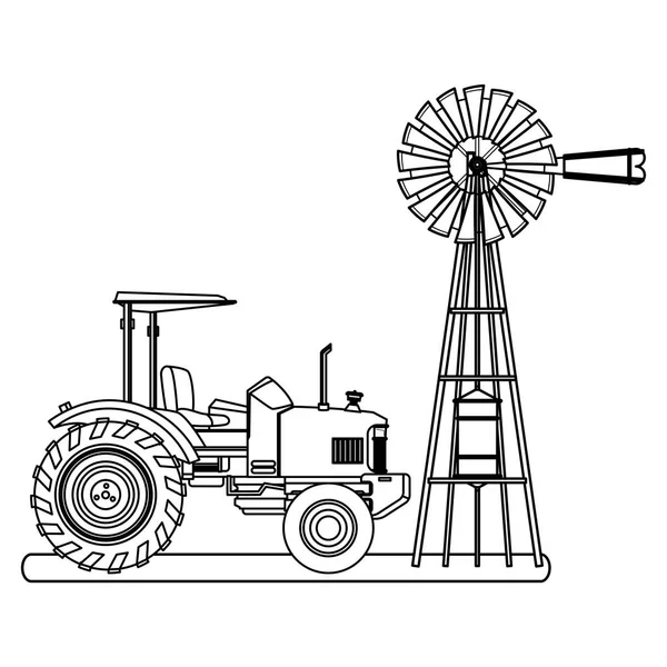 Tractor de camión de granja y turbina eólica en blanco y negro — Archivo Imágenes Vectoriales