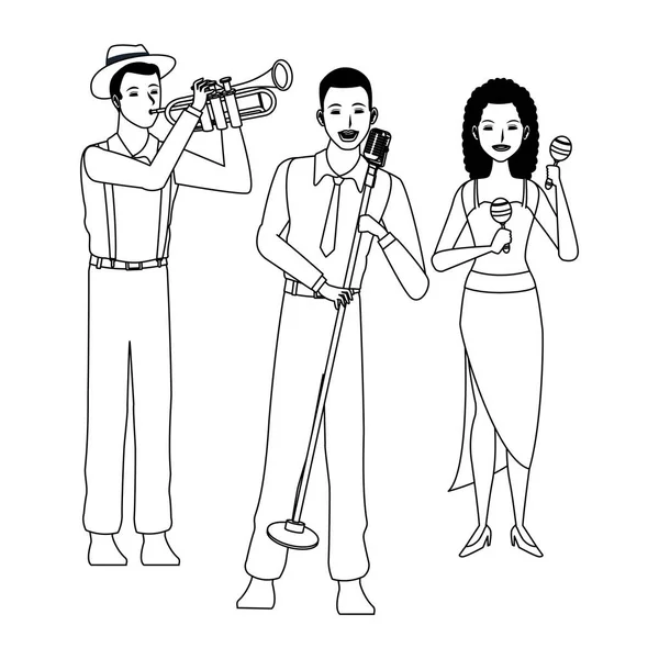 Musicien jouant des maracas trompette et chantant en noir et blanc — Image vectorielle