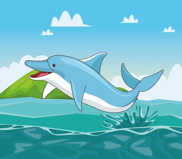 Golfinho no desenho animado do mar —  Vetores de Stock