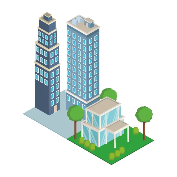 Centro y edificio de la casa isométrica — Vector de stock