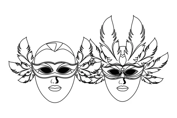 Masks and feathers black and white — Stock Vector