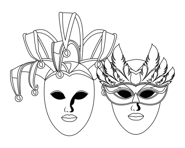 Máscaras y plumas blanco y negro — Vector de stock