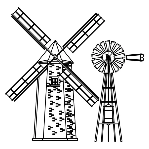 Moulin à vent et éolienne noir et blanc — Image vectorielle