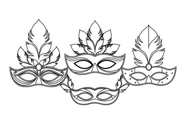 Set of masks and feathers black and white — Stock Vector