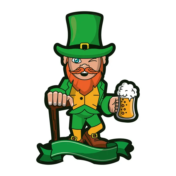 Irish elf with beer and walking stick cartoons — Stock Vector