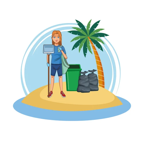 Mujer voluntaria limpieza playa — Archivo Imágenes Vectoriales