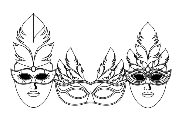 Ensemble de masques et plumes noir et blanc — Image vectorielle