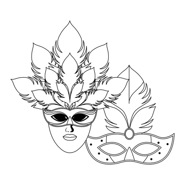 Máscaras y plumas blanco y negro — Vector de stock