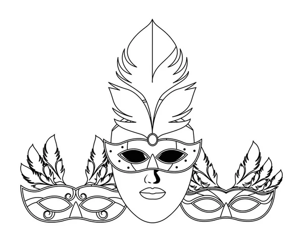 Ensemble de masques et plumes noir et blanc — Image vectorielle