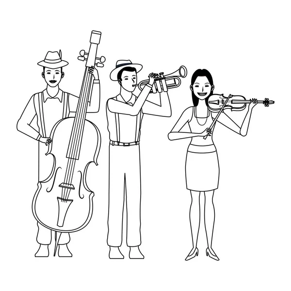 Musicien jouant de la trompette basse et violon noir et blanc — Image vectorielle